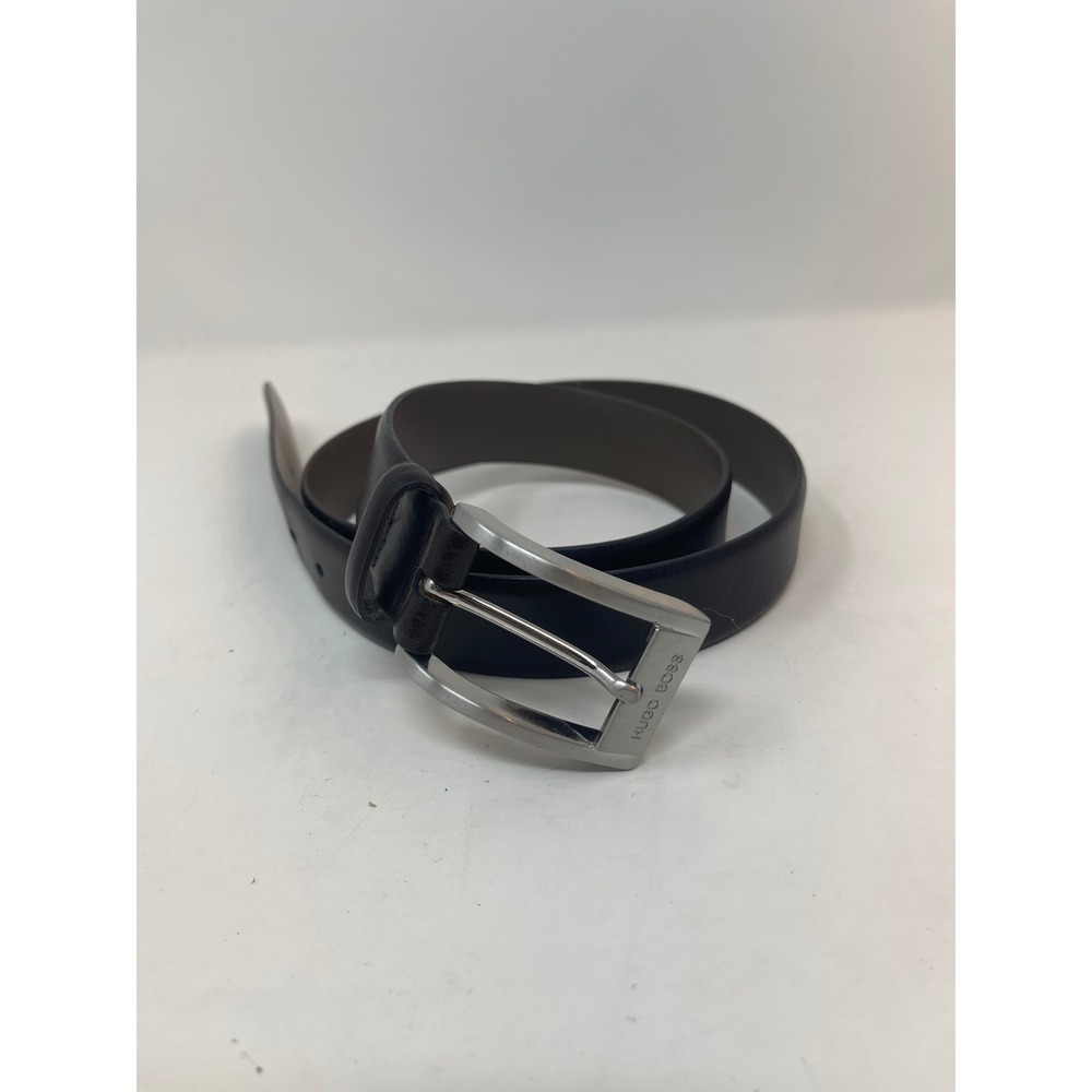 Hugo Boss Belt Mens 34 Brown Excellent Leather Silver Buckle 90-34 Cowskin